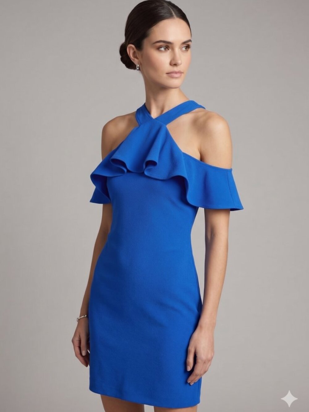 Trina Turk Jurnee Royal Blue Cold Shoulder Ruffle Halter Dress Size 8 Cocktail
